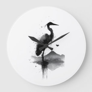 Relógio de Parede Arte Zen Grou Sumi-e Japonês