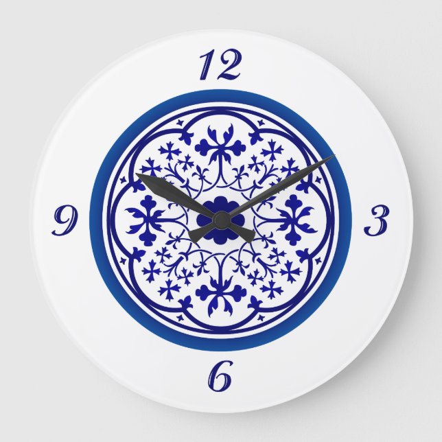 Relógio de Parede Azul Branco Inspirado em Delft (Frente)