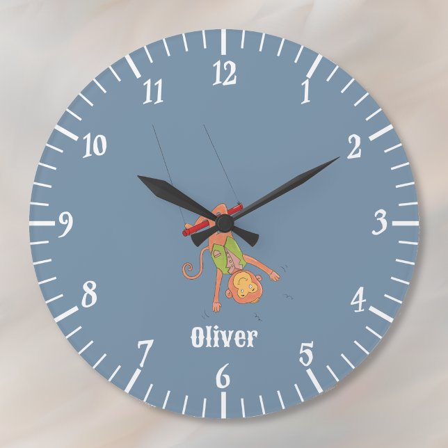 Relógio de Parede Azul do Macaco Acrobata (Circus theme nursery wall clock .)