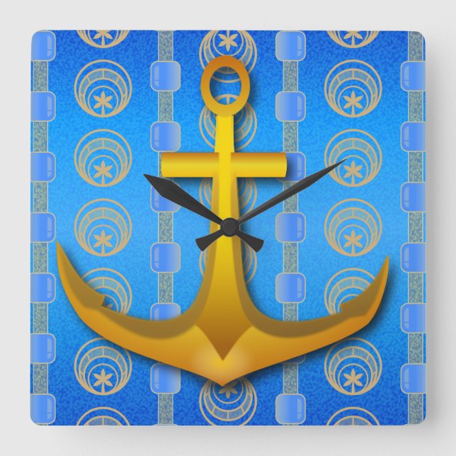 Relógio de Parede Azul Quadrado com Anchor Dourado (Frente)