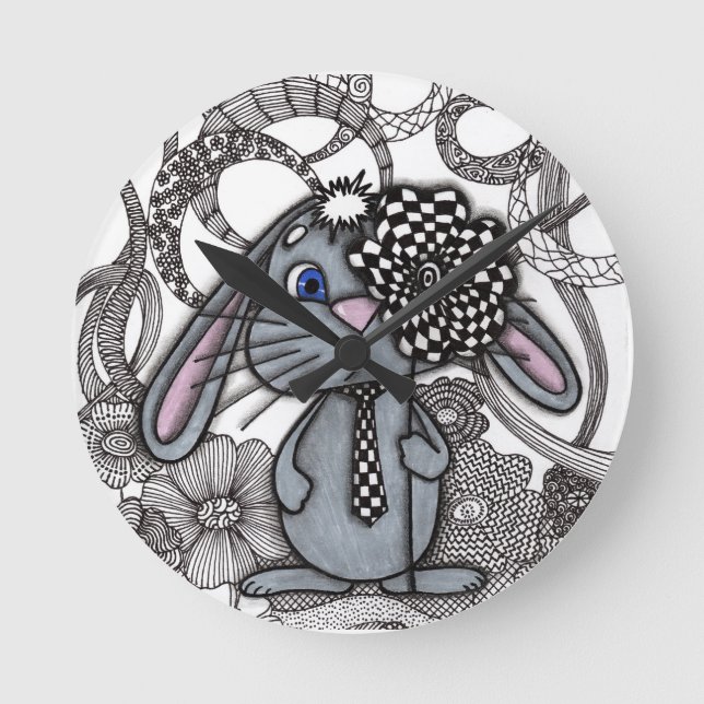 Relógio de Parede Coelho Bunny Zen Doodle Desenho  (Frente)