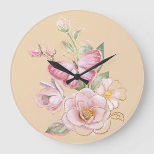 Relógio de Parede com Borboleta e Flores Rosa