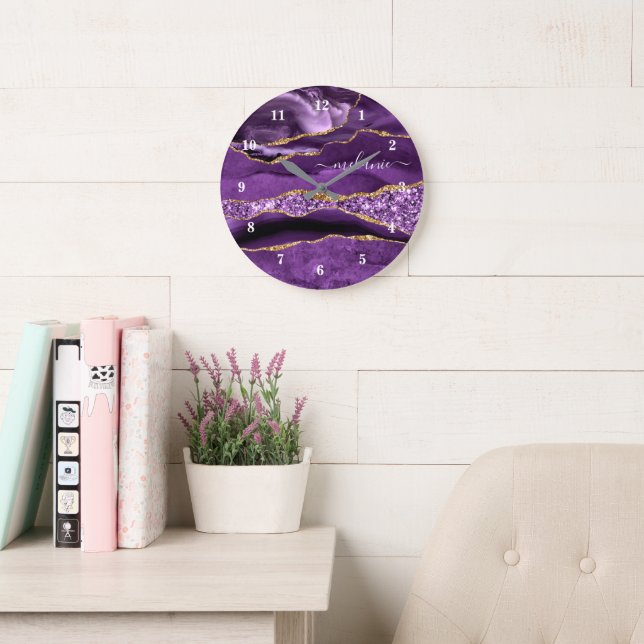 Relógio de Parede com Brilho Dourado Roxo Nome Per (Sala de leitura)