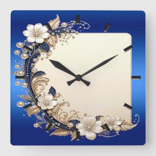 Relógio de Parede com Enfeite Floral Azul Branco