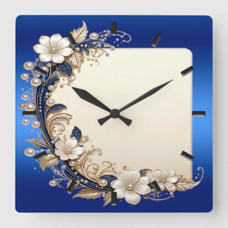Relógio de Parede com Enfeite Floral Azul Branco