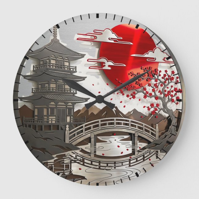 Relógio de Parede com Pagode Japonês e Flor de Cer (Frente)