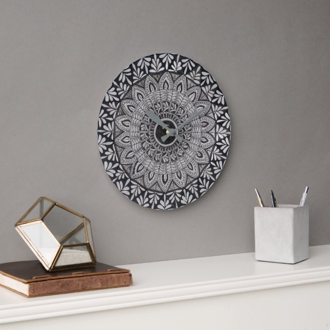Relógio de parede de arte mandala monocromática (Escritório)