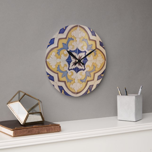 Relógio de Parede de Azulejo Azul Amarelo Portuguê (Escritório)