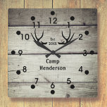 Relógio de Parede de Cabina Rustic Deer Antlers<br><div class="desc">Personalize este design de relógio do campo rústico ou do cabo com seu próprio texto. O relógio de parede acrílico é criado num padrão estampado em placas de madeira de cinza, acentuado com um par silencioso de galhadas. Iria ajustado especialmente excelente em qualquer cabana de montanha, acampamento de caça ou...</div>