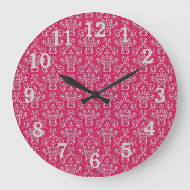 Relógio de Parede de Damasco Rosa e Silver com Núm (Frente)