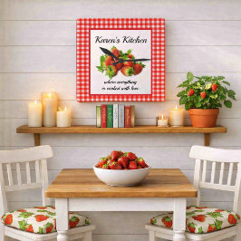 Relógio de Parede de Gingham Vermelho e Morangos