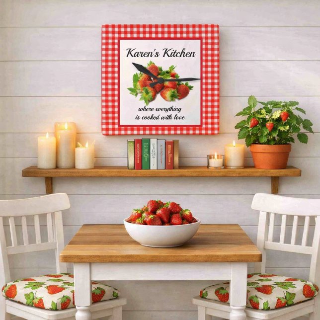Relógio de Parede de Gingham Vermelho e Morangos (Criador carregado)