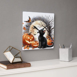 Relógio de Parede de Halloween Abóbora e Gato Pret