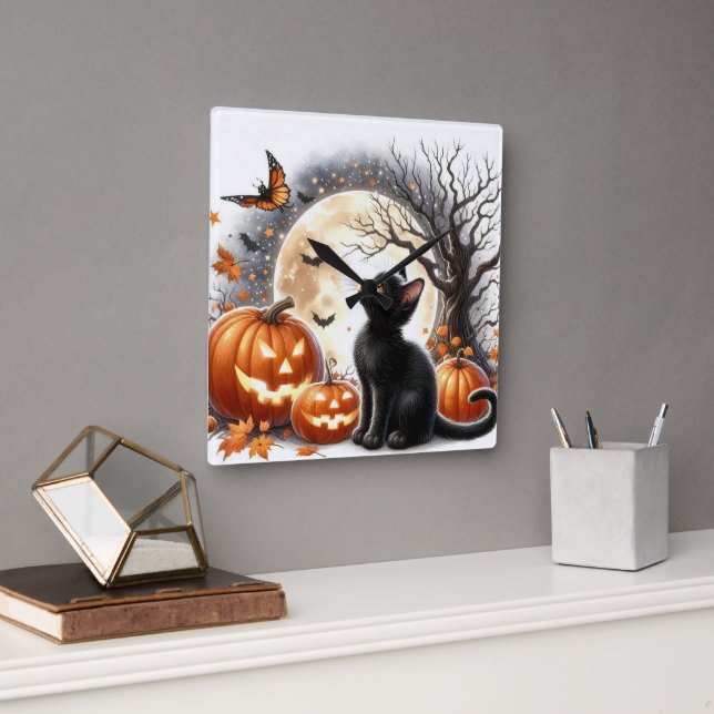 Relógio de Parede de Halloween Abóbora e Gato Pret (Escritório)