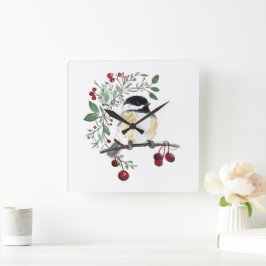 Relógio de Parede de Pássaros com Aquarela Chickad
