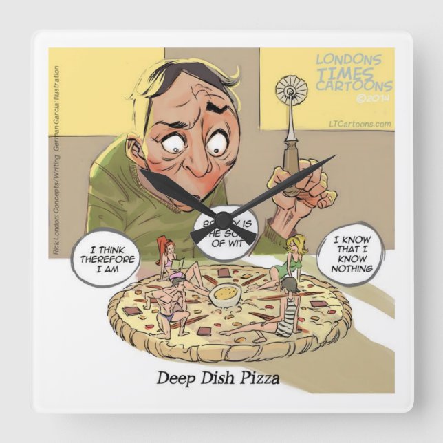 Relógio de Parede de Pizza Deep Dish com Filosofia (Frente)