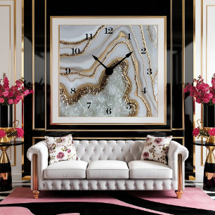 Relógio de Parede de Placas Agatadas Douradas e Br