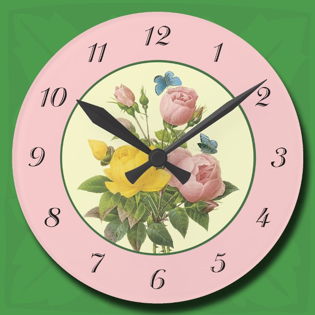 Relógio de Parede de Rosas Botânicas Rosa Amarelo  (Pink and Yellow Botanical Roses Wall Clock)