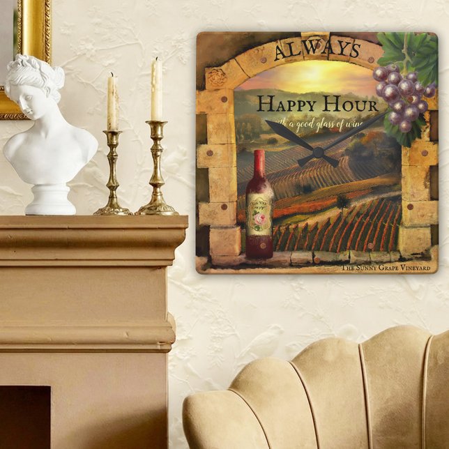 Relógio de Parede de Vinho da Hora Feliz Vinícola  (Clock featuring a fine art painting of a sunset over a vineyard with a Roman arch with grapes)
