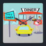 Relógio de Parede Diner de 1950<br><div class="desc">Serve algo especial com o relógio de parede do Diner 1950. O design de desenho de desenho mostra um prédio de tijolos vermelhos com janelas azuis, portas duplas de cinza, e uma placa branca que diz, "Diner" gravado no telhado. No estacionamento, um segundo sinal está num poste. O cartaz tem...</div>