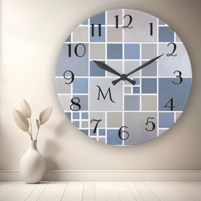 Relógio de Parede do Monograma de Padrão Geométric (Modern wall clock with a checkered beach inspired tile pattern - sand - dusty blue - watercolor)