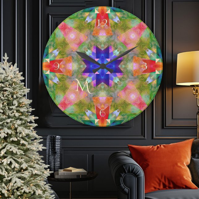 Relógio de Parede do Monograma Geométrico Festivo (Festive geometric watercolor art Christmas wall clock)