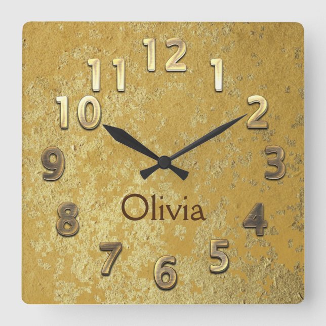 Relógio de Parede Dourado Personalizável Quadrado (Frente)