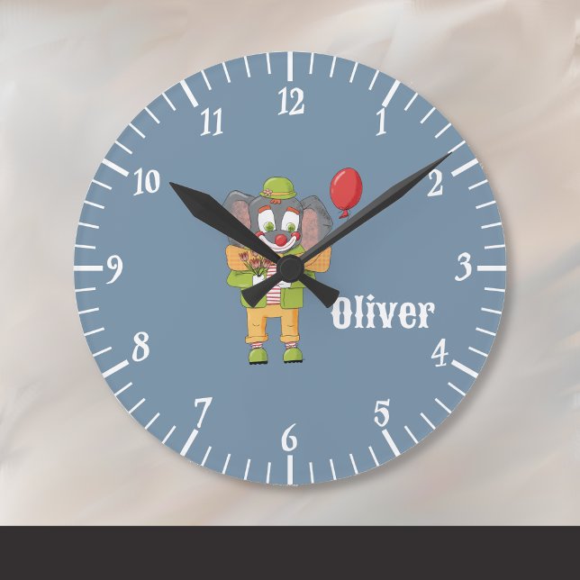 Relógio de Parede Elefante Palhaço de Circo Azul p (Circus clown elephant nursery room blue wall clock with name . )