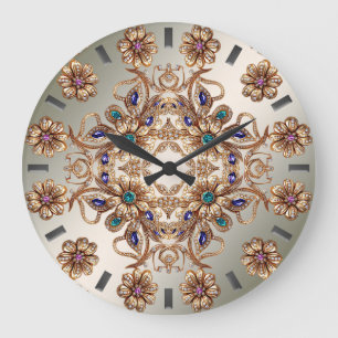 Relógio de Parede Elegante Flores Jóias Douradas