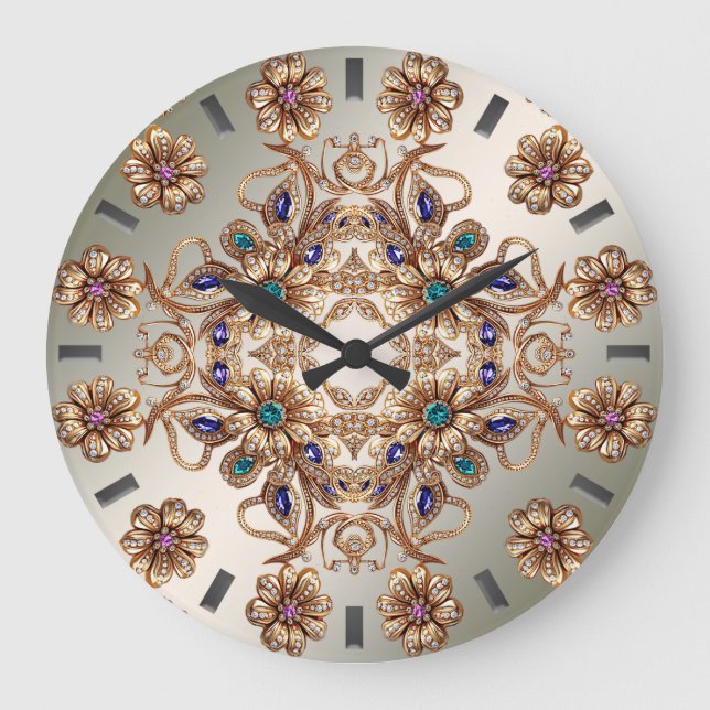 Relógio de Parede Elegante Flores Jóias Douradas (Frente)