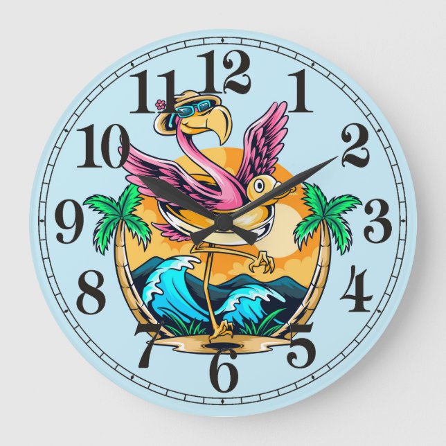 Relógio de Parede Flamingo Tropical Praia Engraçad (Frente)