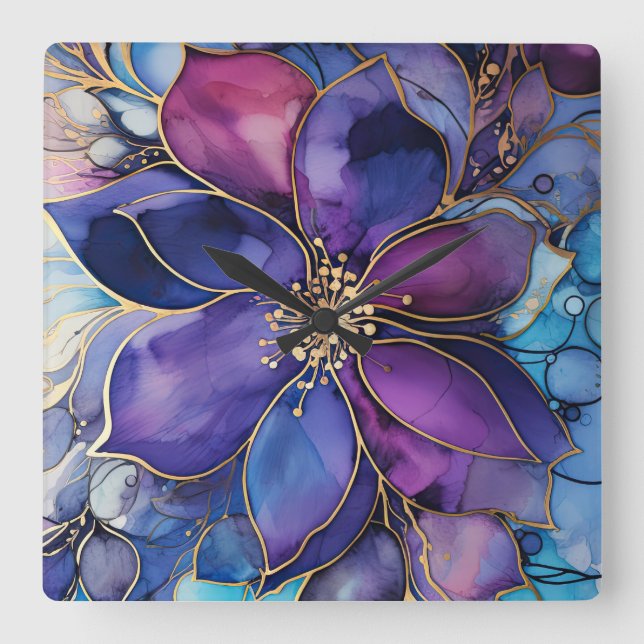 Relógio de Parede - Floral Azul Roxo Dourado (Frente)