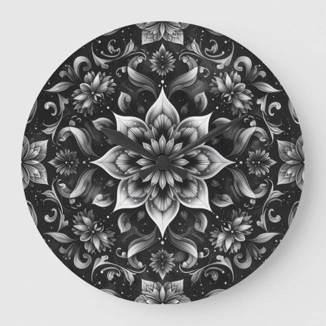 Relógio de Parede Floral Branco e Preto do ornamen (Frente)