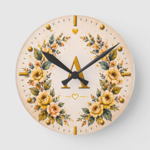 Relógio de Parede Floral com Letra Personalizada A
