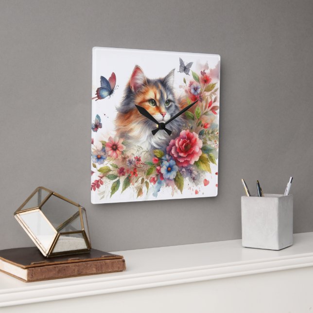 Relógio de Parede Floral de Gato Calico (Escritório)