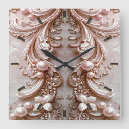 Relógio de Parede Floral e Pérola Ornamentada Rosa