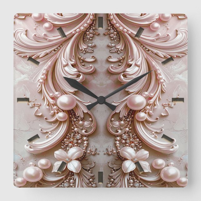 Relógio de Parede Floral e Pérola Ornamentada Rosa (Frente)