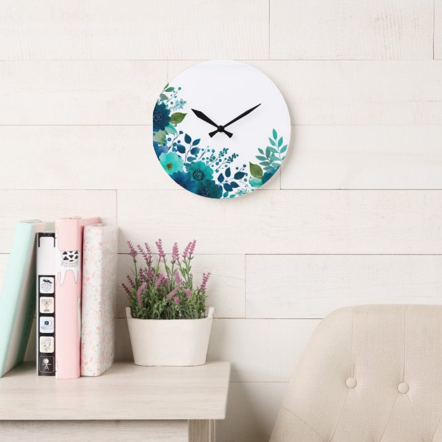 Relógio de Parede Floral em Aquarela Azul - Botâni (Sala de leitura)