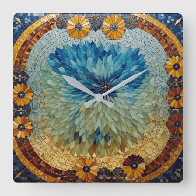 Relógio de Parede Floral Verde Azul Mosaico (Frente)