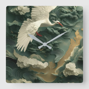 Relógio de Parede Grou Branco e Paisagem de Jade