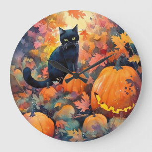 Relógio de Parede Halloween Gato Preto Com Abóbora