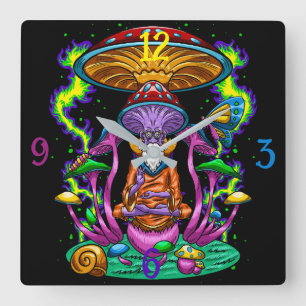 Relógio de Parede Hippy Mushroom Square Psicélico