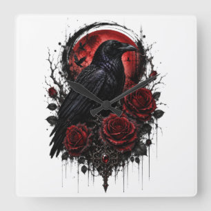 Relógio de Parede Lua Vermelha & Rosas Corvo Gótic