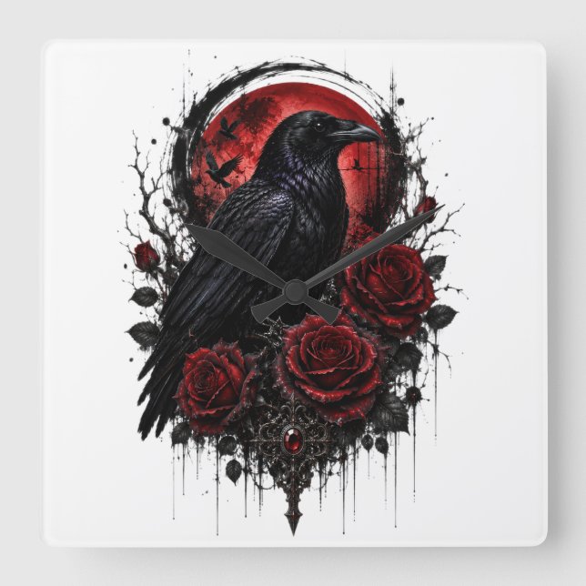 Relógio de Parede Lua Vermelha & Rosas Corvo Gótic (Frente)