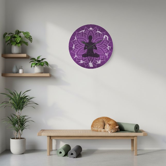 Relógio de Parede Mandala Roxa 10" com Poses de Yo (Purple wall clock with yoga poses.)