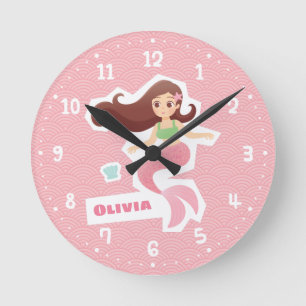 Relógio de Parede Menina Sereia Padrão Onda Rosa