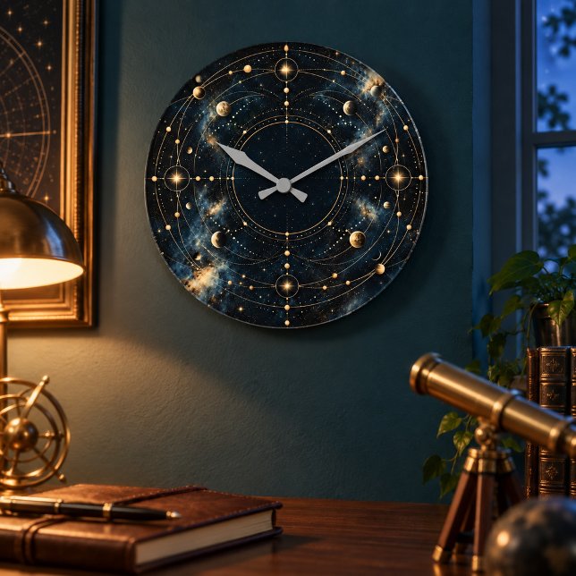 Relógio de Parede Meridian Sky (8-inch acrylic clock, grey hands. Flat printed gold-look art. Styled room; props not included.)