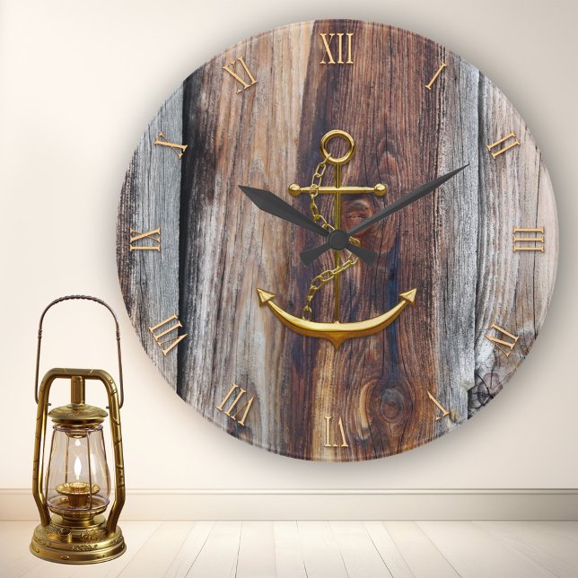 Relógio de Parede Náutica Dourada da Madeira russa (Nautical wall clock featuring a golden anchor and roman numbers (optional) on rustic driftwood)