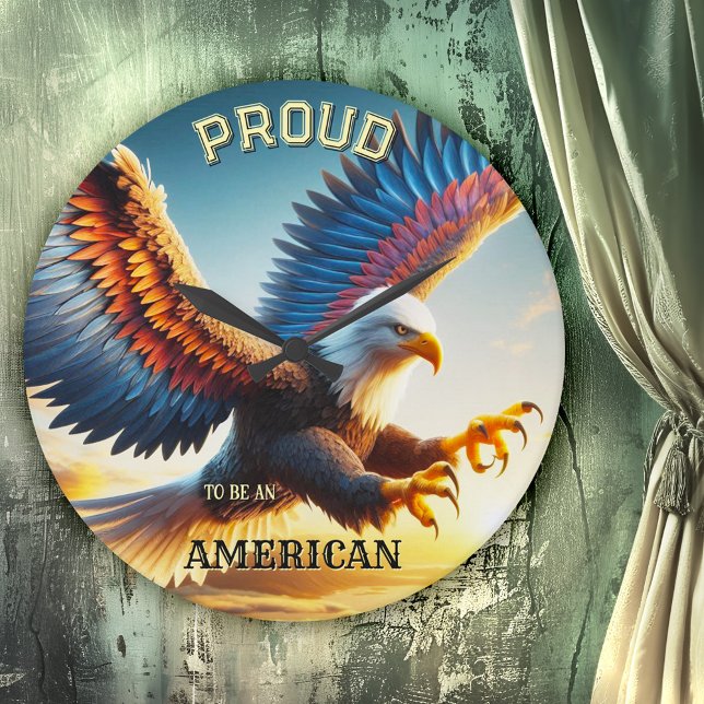Relógio de Parede Patriótico Clássico da Águia Col (Wall clock featuring a colorful painting of a landing bald eagle with spread wings - USA patriots)