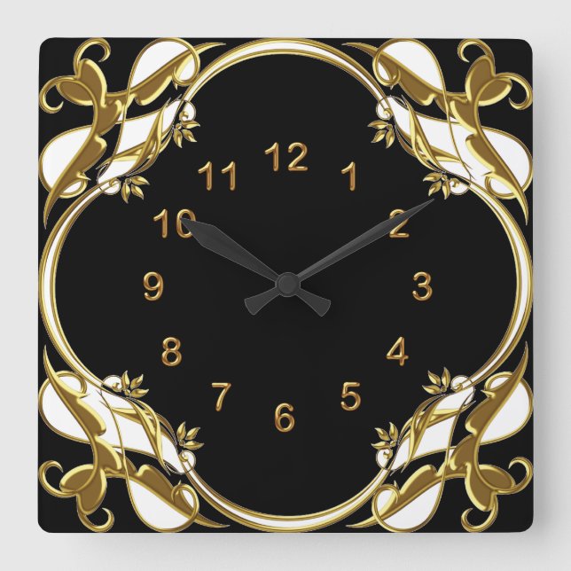 Relógio de Parede Preto Dourado Branco Floral Rede (Frente)